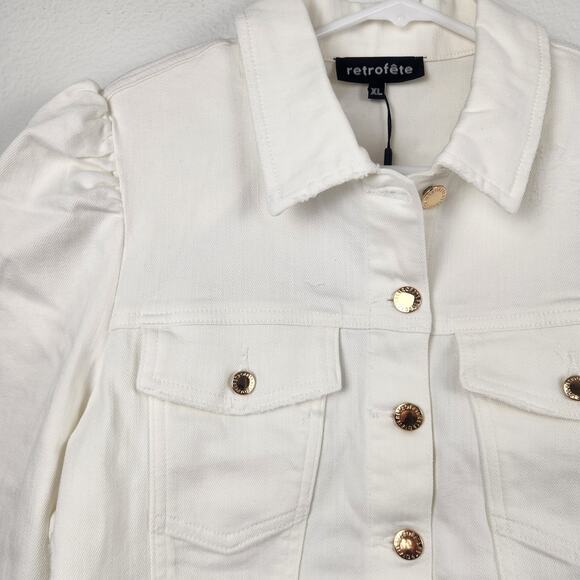 Retrofete Ada Denim Jacket White Puff Sleeve Size XL NWT Gold Tone Buttons - Picture 2 of 9